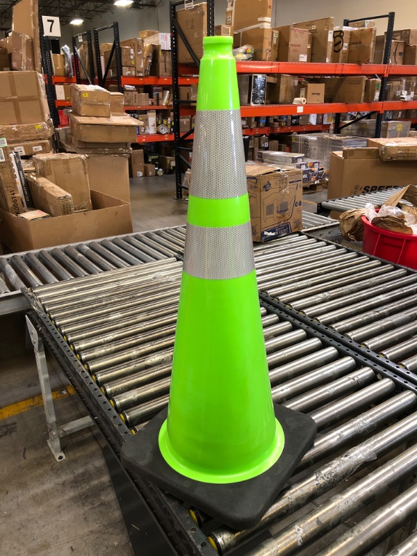 Photo 1 of 36” Lime Green Traffic Cone - Dual 6" & 4" Reflective Collar 