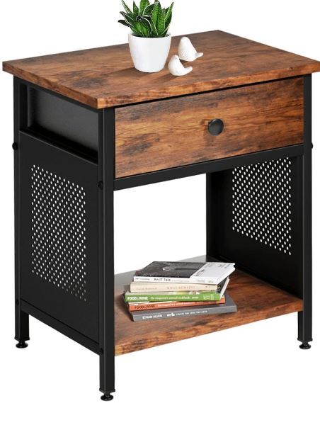 Photo 1 of  Industrial End Table, Side Table with Drawer and Storage Shelf, Night Stands for Bedroom, Living Room, Bedside,Wood Metal Furniture, Easy Assembly, Rustic brown
