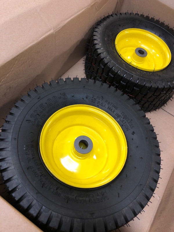 Photo 2 of 13x5.00-6 Tire and Wheel Assembly (2-Pack), Tubeless Lawn Mower Tire with Rim, with 3/4” Bushings and 3” Centered Hub Length
