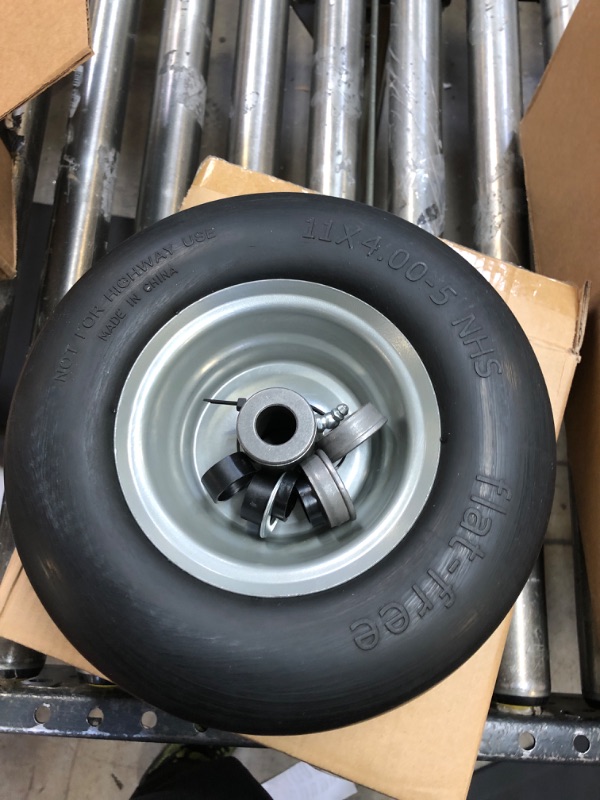 Photo 2 of LotFancy 11x4.00-5” Flat Free Lawn Mower Tire and Wheel, 3/4" or 5/8" Bushings, 3.4"-4"-4.5"-5" Centered Hub, Smooth Tread Tire for Zero Turn Mowers