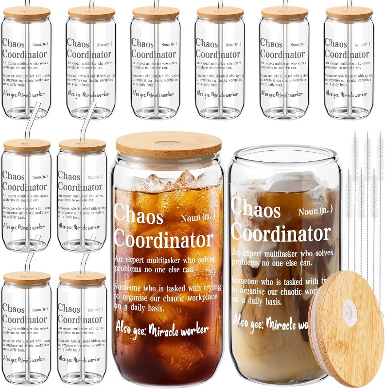Photo 1 of Dandat 12 Pack Employee Appreciation Gifts for Coworkers 16 oz Inspirational Glass Cups with Bamboo Lids and Straws Reusable Glass Drinking Jars with Lids for Women Men with Brushes (Classic)

