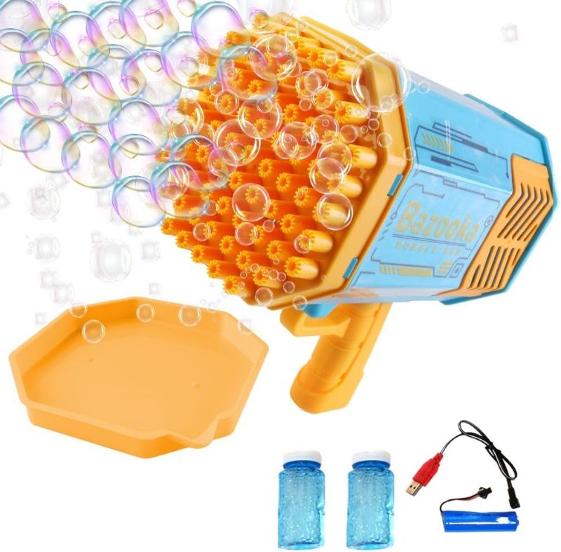 Photo 1 of Bubble Machine Gun, 69 Holes Blue Bubble Bazooka Toy with Colorful Light, Rechargeable Summer Toy with Bubble Solution for Kids, Adults. Perfect for Outdoor and Indoor Birthday Wedding Party
