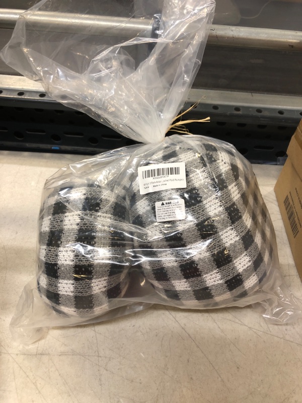 Photo 1 of 3 PC BLACK AND WHITE PLAID PUMPKIN DECORATION 