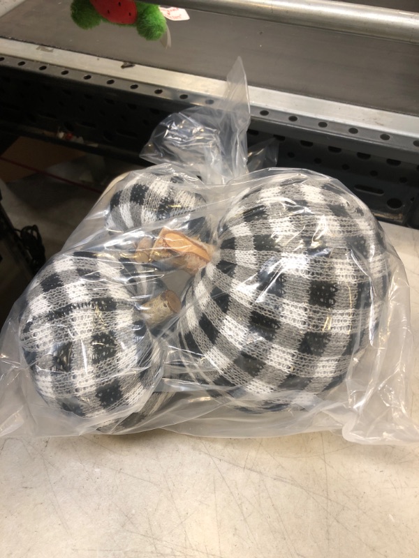 Photo 1 of 3 PC BLACK AND WHITE PLAID PUMPKIN DECOR 