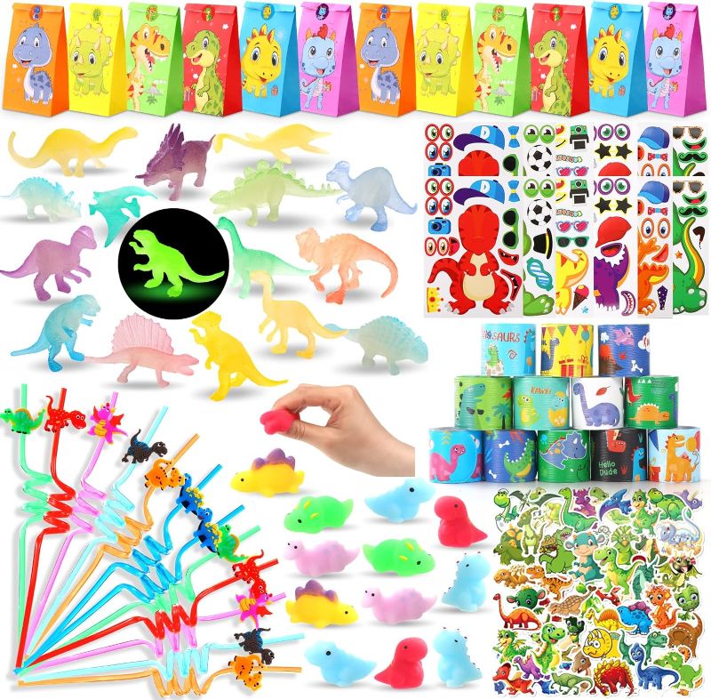 Photo 1 of Dinosaur Birthday Party Supplies,Dinosaur Party Favors Bags Filled with Dinosaur Themed Reusable Straws ,Luminous Dinos Figure, Slap Bracelets ,Squishy Dino,A Face Stickers, Waterproof stickers Goodie Bag Stuffers For Kids
