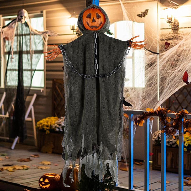 Photo 1 of DR.DUDU Halloween Decorations 40" Hanging Ghost Pumpkin Man Grim Reaper with Bendable Arms, Scary Haunted House Prop for Indoor Outdoor
