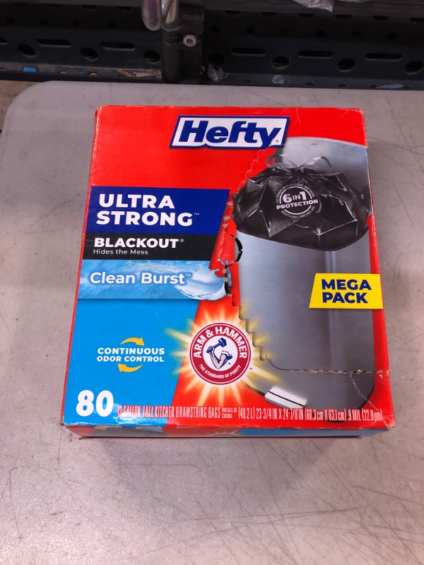 Photo 1 of Hefty Ultra Strong Tall Kitchen Trash Bags, Blackout, Clean Burst, 13 Gallon, 80 Count 80 Count (Pack of 1)
++OPEN BOX++