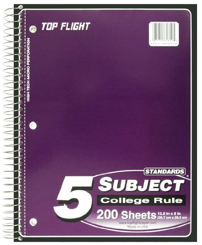 Photo 2 of Top Flight Standards 5-Subject Wirebound Notebook, 200 Sheets, 3-Hole Punched, College Rule, 10.5 x 8 Inches, 3 Notebooks, Color May Vary (31820)  (Pack of 3) College Rule