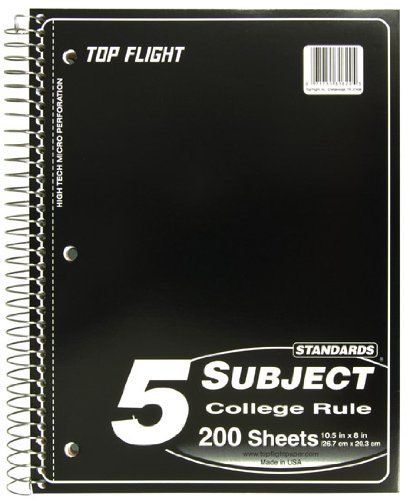 Photo 1 of Top Flight Standards 5-Subject Wirebound Notebook, 200 Sheets, 3-Hole Punched, College Rule, 10.5 x 8 Inches, 3 Notebooks, Color May Vary (31820)  (Pack of 3) College Rule