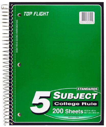 Photo 3 of Top Flight Standards 5-Subject Wirebound Notebook, 200 Sheets, 3-Hole Punched, College Rule, 10.5 x 8 Inches, 3 Notebooks, Color May Vary (31820)  (Pack of 3) College Rule