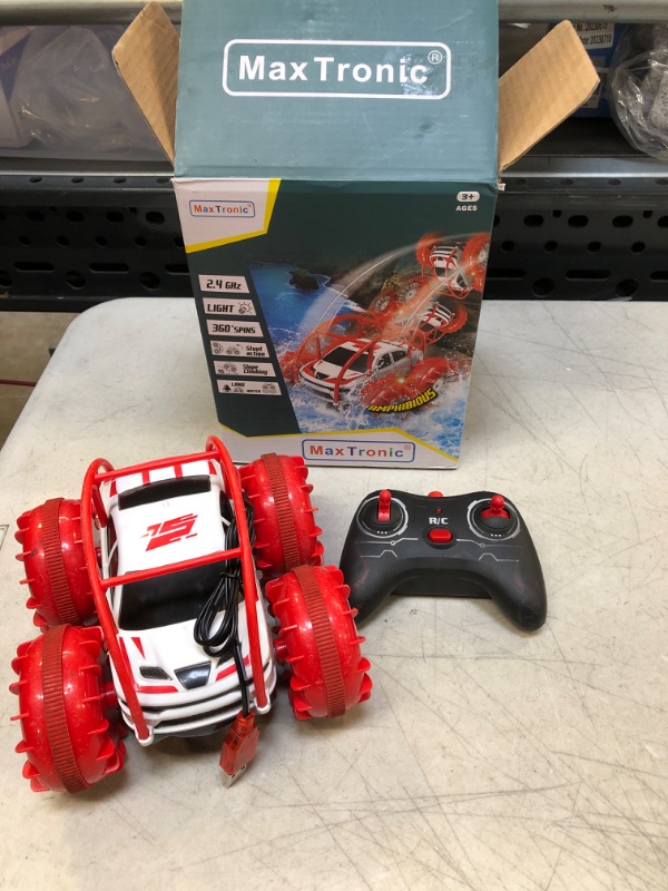 Photo 1 of MaxTronic Remote Control Car, RC Cars Amphibious Land & Water Beach Pool Toy Off-Road RC Boat, 360°Flip Rotation Stunt Car with Sidelights for Toddlers 3 4 5 6 7 8 9 10 11 12 Years Kids Boys Girls
