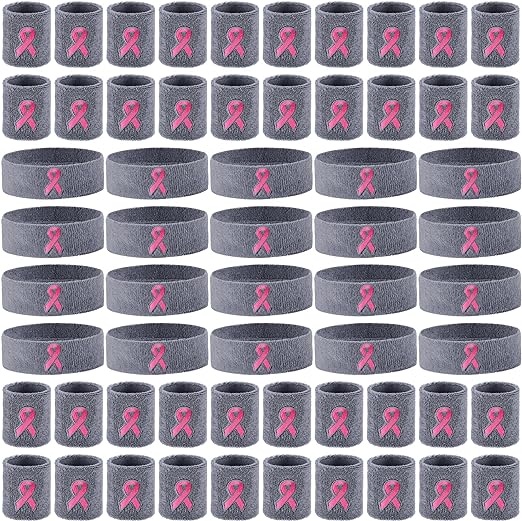 Photo 1 of 60 Pieces Breast Cancer Awareness Sweatbands Bulk Includes 20 Breast Cancer Ribbon Headband and 40 Sports Wristbands with Ribbon Pattern for Women Men Tennis Basketball Outdoor Athletic
