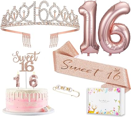 Photo 1 of 8pcs Sweet 16 Birthday Decorations for Girls, Including 16th Happy Birthday Cake Toppers, Birthday Queen Sash with Pearl Pin, Sweet Rhinestone Tiara Crown, Number Candles and Balloons Set, Rose Gold