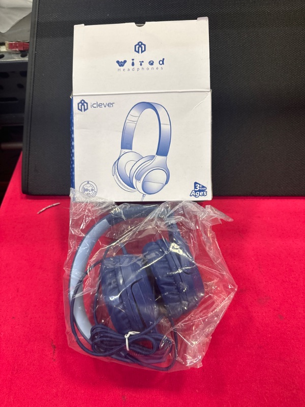 Photo 2 of Kids Headphones Wired with Microphone, iClever Smiley 85/94dB Volume Limited, Over-Ear Headphones for Kids with Share Port, Stereo Sound, Foldable Kids Headphones for School/Travel/iPad/Fire Tablet Navy Blue