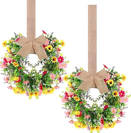 Photo 1 of 2 Pcs Summer Wreath for Front Door 9.8 Inch Daisy and Lavender Wreath with Bowknot Faux Spring Wreath Outdoor Wreaths for Front Door Summer Wreath Artificial Flower Wreath Floral Fake Daisy Wreath