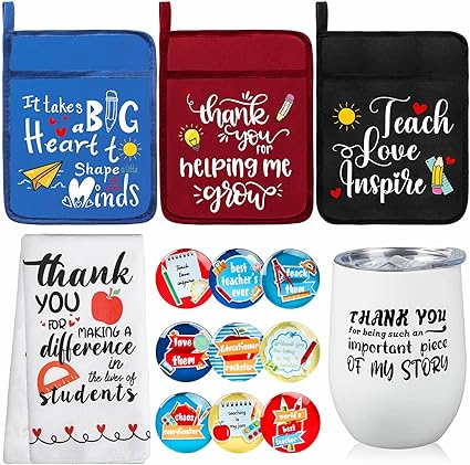 Photo 1 of 14 PCS Teacher Appreciation Gifts for Women, Teacher Christmas Gifts Graduation Gift, Teacher Appreciation Gift Bag from Student, Pot Holders, Insulated Tumbler,Kitchen towel, Refrigerator Magnets