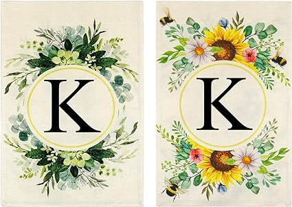 Photo 1 of 2 Pcs Monogram Letter K Garden Flag,Floral and Summer Sunflower,12x18 Inch Floral Garden Flag, Garden Letter Flags,Double Sided Floral Bee Outside Decorations,Family Last Name Initial Flag
