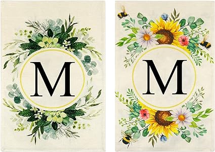 Photo 1 of 2 Pcs Monogram Letter M Garden Flag,Floral and Summer Sunflower,12x18 Inch Floral Garden Flag, Garden Letter Flags,Double Sided Floral Bee Outside Decorations,Family Last Name Initial Flag