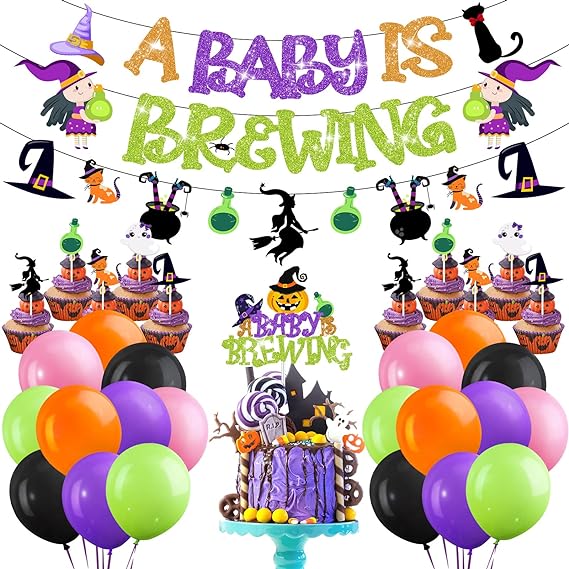 Photo 1 of 45 Pcs Halloween Baby Shower Decorations Include Halloween a Baby Is Brewing Banner Garland, Cake Topper, Black Orange Green Purple Balloons for Girl Boy Gender Reveal Halloween Birthday Decorations