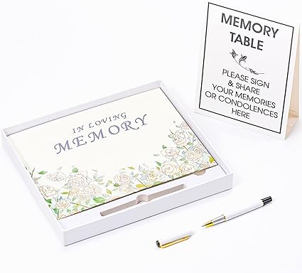 Photo 1 of  Funeral Guest Book Set - In Loving Memory Hardcover Guest Sign in Book for Celebration of Life and Memorial Services - Complete with Collection Box, Table Sign, and Pen - 10.2"x7.8"