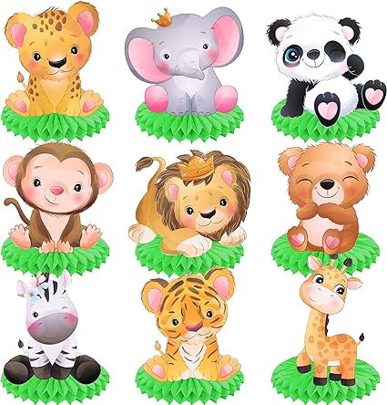 Photo 1 of 9Pcs Jungle Safari Animal Party Honeycomb Centerpieces Safari Baby Shower Table Decoration for Jungle Safari Themed Birthday Party Baby Shower Supplies