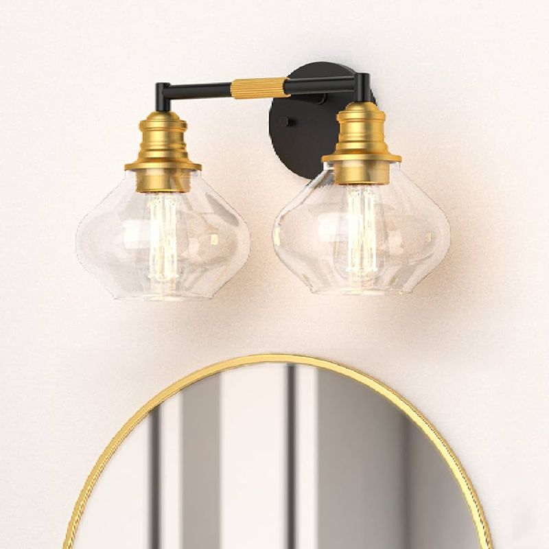 Photo 1 of Bathroom Vanity Lights, 2 Lights Makeup Vanity Fixtures with Globe Clear Glass Shade Black Gold Wall Sconces for Bathroom Bedroom Sink Mirrors Vanity Decor Lights 2 Lights Vanity Fixtures