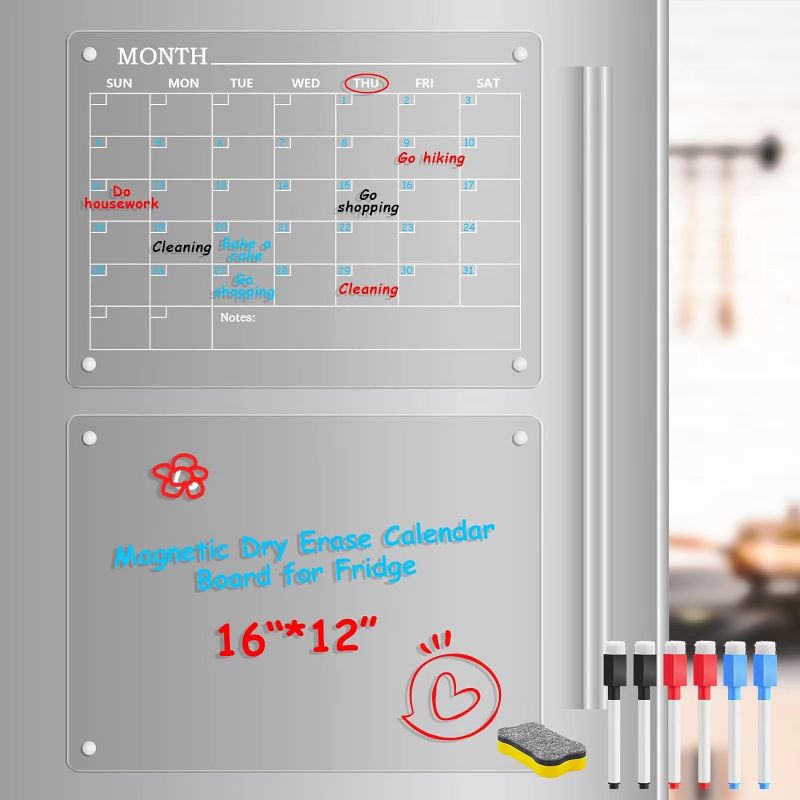 Photo 1 of Acrylic Magnetic Dry Erase Board and Calendar for Fridge, 16”x12" Clear 2 Set Acrylic Calendar Planner Board for Refrigerator, Reusable Monthly Calendar Board Includes 6 Markers with 3 Colors
