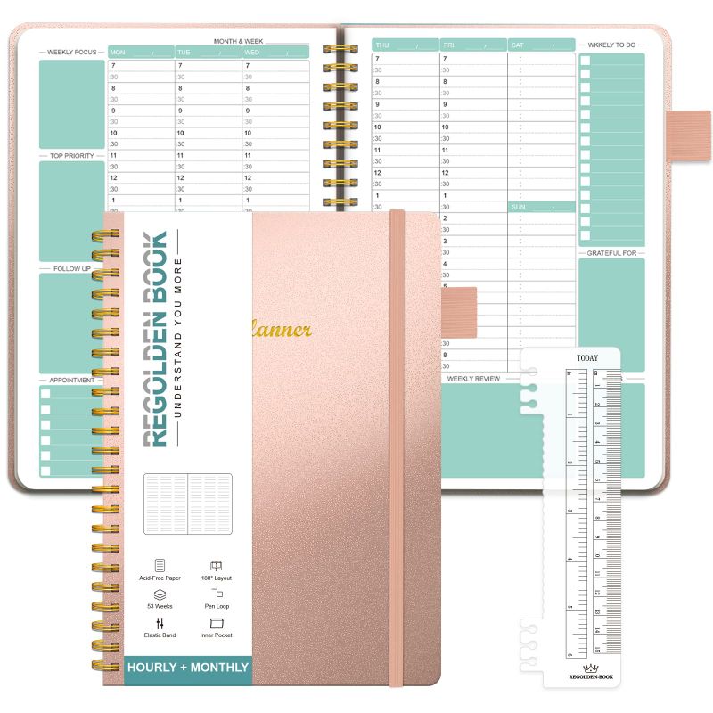 Photo 1 of Regolden-Book Undated Hourly Planner 30-minute Interval Appointment Book, 53 Weeks 12 Month Hardcove Faux Leather Cover Notebook, with Pen Loop, Big Inner Pocket, Ruler, Elastic Band A5 pink(5.5" x 8.5") Hourly Planner Rose Gold 2 pack 