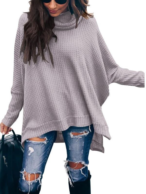 Photo 1 of Caracilia Women Turtle Cowl Neck Long Batwing Sleeve Waffle Knit Pullover Sweaters Oversized Loose Fit High Low Tunic Tops Lavender X-Small