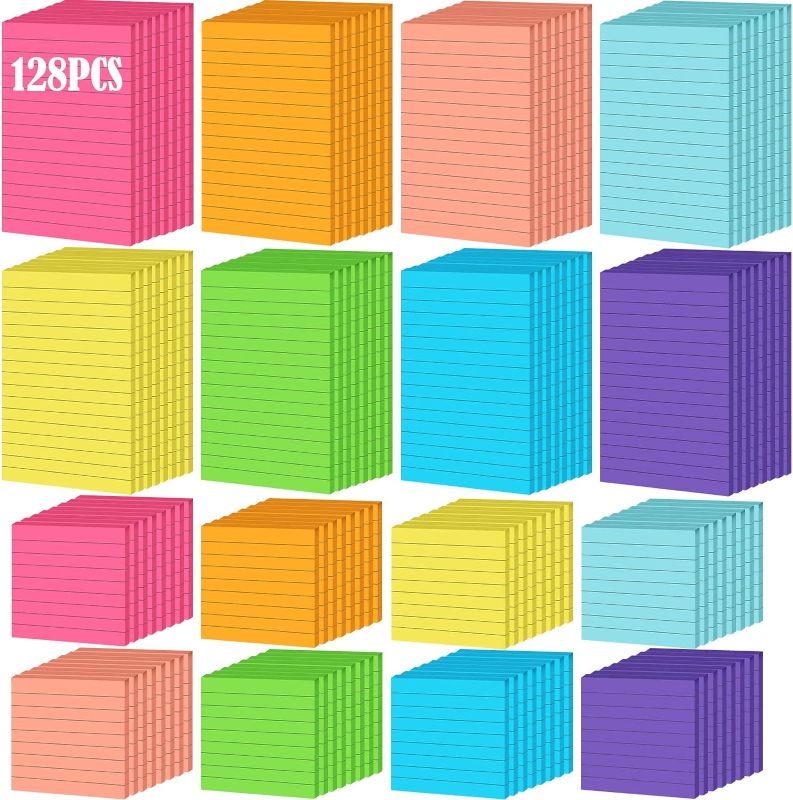 Photo 1 of 128 Pads Lined Sticky Notes Self Stick Notes with Lines Bright Assorted Colors Sticky Notes for School Home Office Products Post Memos, 3840 Sheets (4 x 6 Inch, 3 x 3 Inch)
