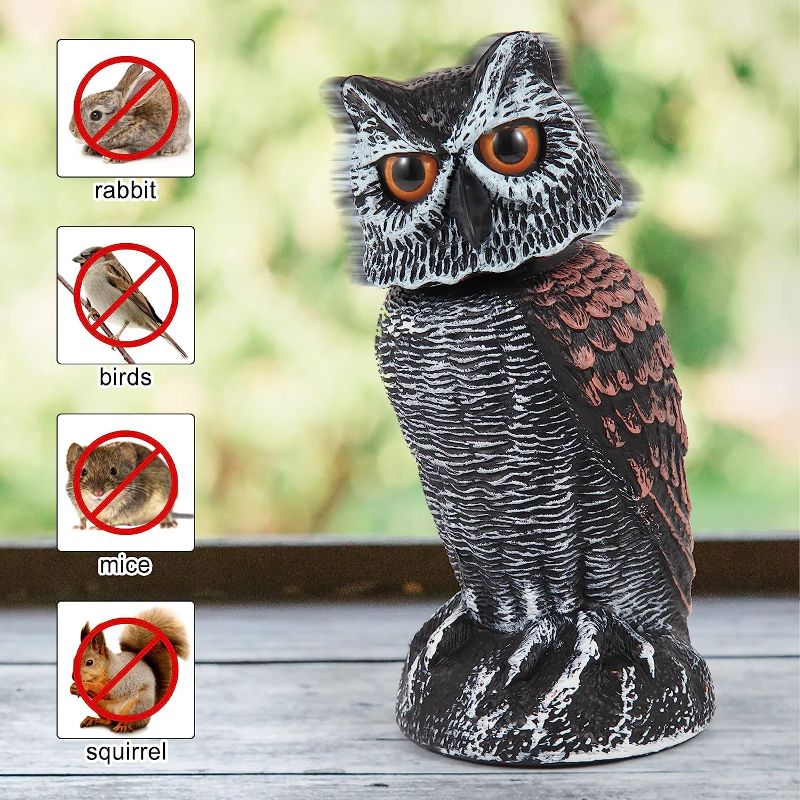 Photo 1 of  Fake Owl Decoys to Scare Birds Away from Gardens and Patios, Rotating Head Owl Bird Deterrents, Nature Enemy Scarecrow Plastic Owl Statues, Pest Repellent, Pigeon Deterrent