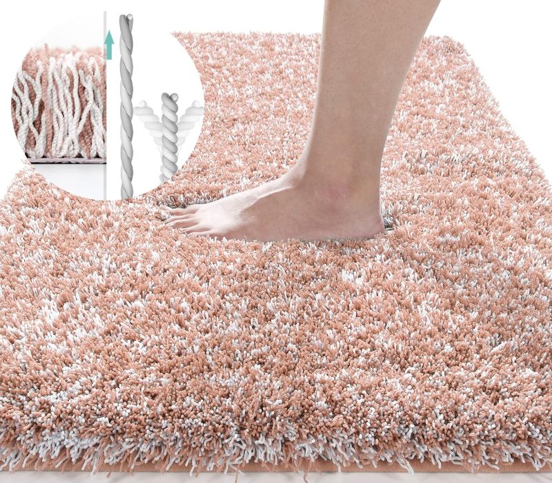 Photo 1 of  Shaggy Bath Rug, Fluffy Plush Large Bath Mats for Bathroom Non Slip, Water Absorbent Bath Mat, Dry Quickly, Machine Washable, Thick Shower Rugs for Bathroom Floor, 36"x 24", Pink & White