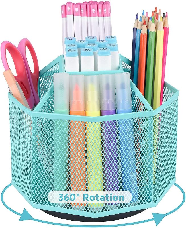 Photo 1 of  Teal Desk Organizer, Desk Supplies and Accessories Organization,Spinning Pen/Pencil Organizer for Desk cute,Rotating Pen/Pencil Holder, for Office,School Classroom and Art Supply-Green 