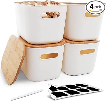 Photo 1 of 4 PCS Storage Bins with Bamboo Lids Plastic Storage Containers for Organizing Stackable Storage Box with Handle