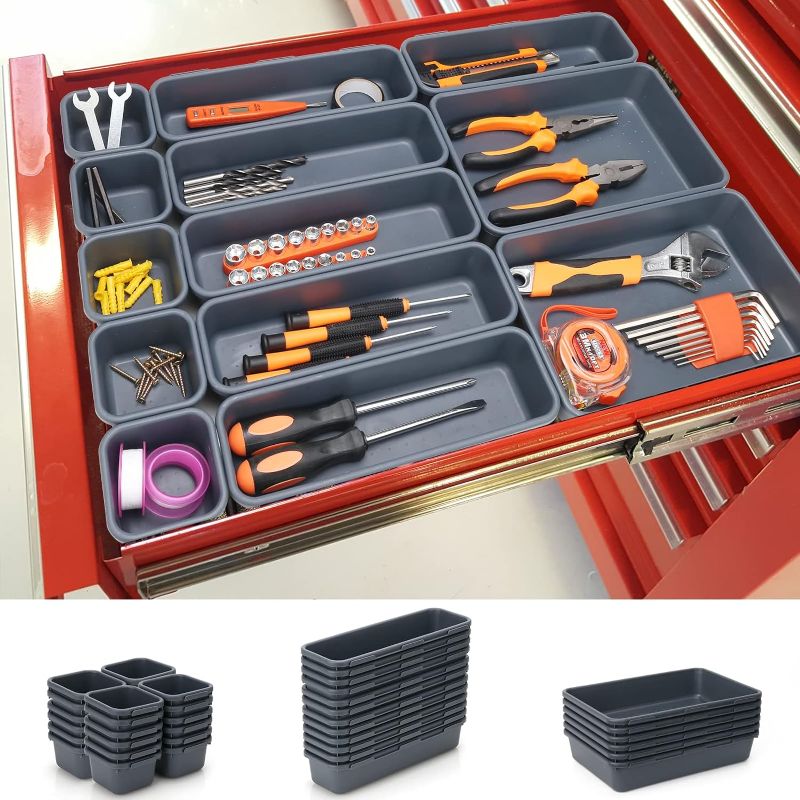 Photo 1 of 42 Pack Tool Box Organizer Tool Tray Dividers, Rolling Tool Chest Cart Cabinet Workbench Desk Drawer Organization and Storage for Hardware, Parts, Screws, Nuts, Small Tools Organization(Grey)
