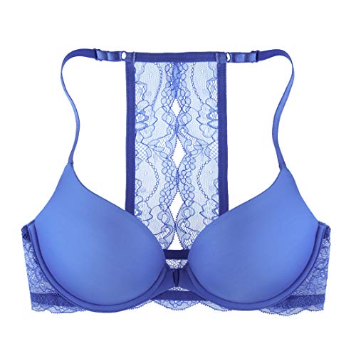 Photo 1 of  Women's Lace-Splashed Racerback Underwire Push-up Bra with Front Closure, Cornflower, 32C
