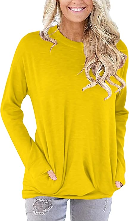 Photo 1 of  SMALL PLOKNRD Women Casual Round Neck Long Sleeve Fit Tunic Top Baggy Comfy Blouse with Pockets
