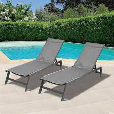 Photo 1 of 2-Piece Gray Aluminum Outdoor Chaise Lounge, Patio Lounge Chair with Adjusted backrest, Recliner, Blue White Cushion
