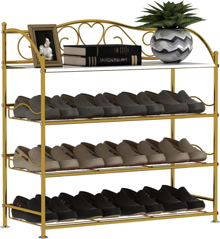 Photo 1 of YADOOLIFE 4-Tier Shoe Rack Gold, Metal Shoe Rack for Entryway, Closet, Free Standing Shoe Storage Racks, Sturdy Shoes Stand with Dust-proof Liners (Gold)
