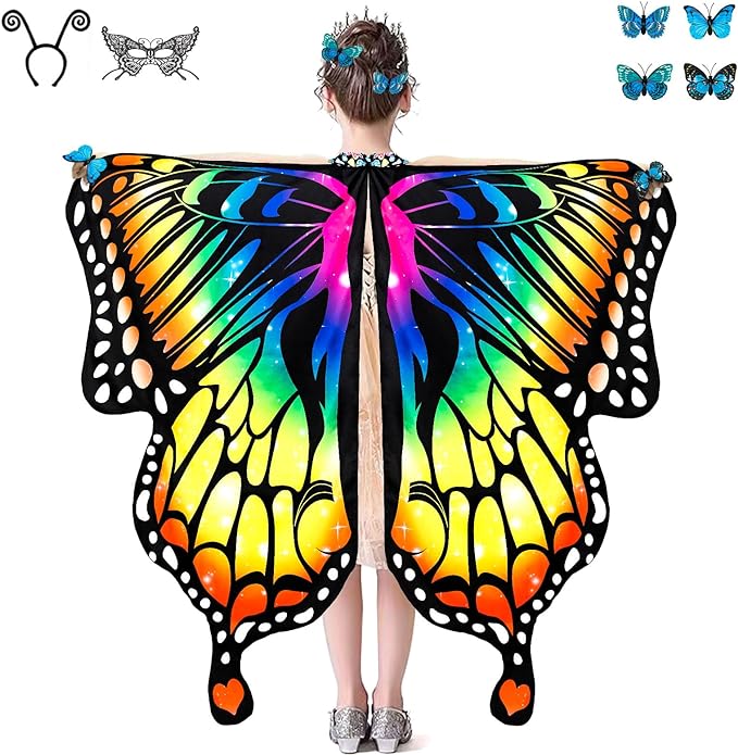 Photo 1 of Butterfly Wings Costume for Women Girls - Halloween Fairy Wings Cape for Adult with Headband,Mask,Earrings