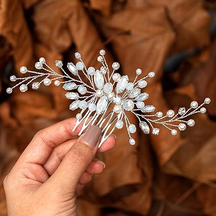 Photo 1 of Jeairts Opal Bride Wedding Hair Comb Silver Rhinestone Bridal Hair Pieces Glitter Pearl Wedding Headpiece Crystal Hair Accessories for Women and Girls