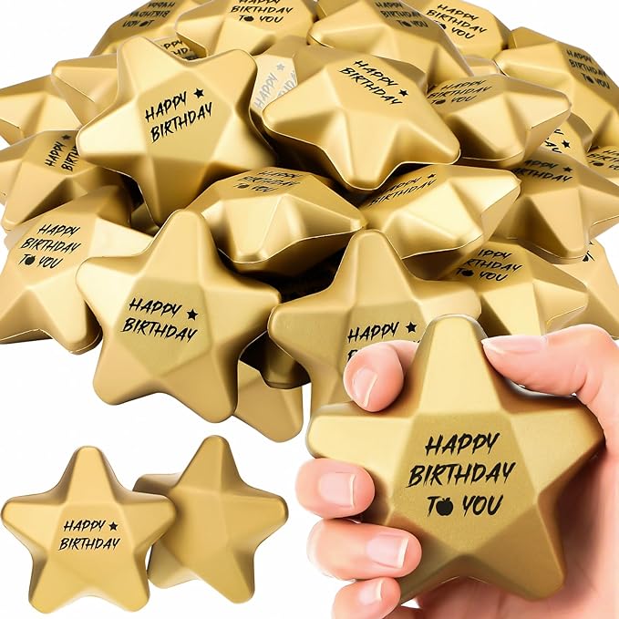 Photo 1 of 18 Pieces 3.1 Inch Happy Birthday Star Stress Balls Back to School Star Foam Ball Smile Face Star Shape Relief Ball Stress Toys for School Reward Student Party Bag Fillers (Classic Style)