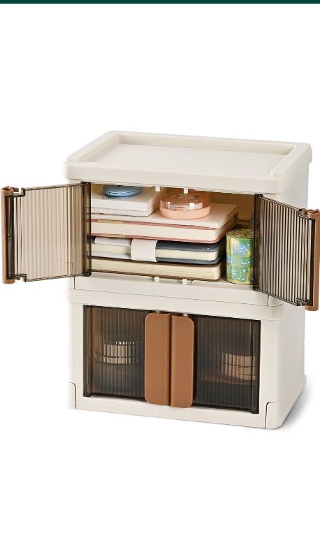 Photo 1 of TRZZ Mini Plastic Storage Crate, Desk Organizer with Lid, Foldable Cute Boxes with Door, Stackable Home Organization and Storage Crate for Office, Bedroom, 2 Pack (8.6"x6.1"x5.1")