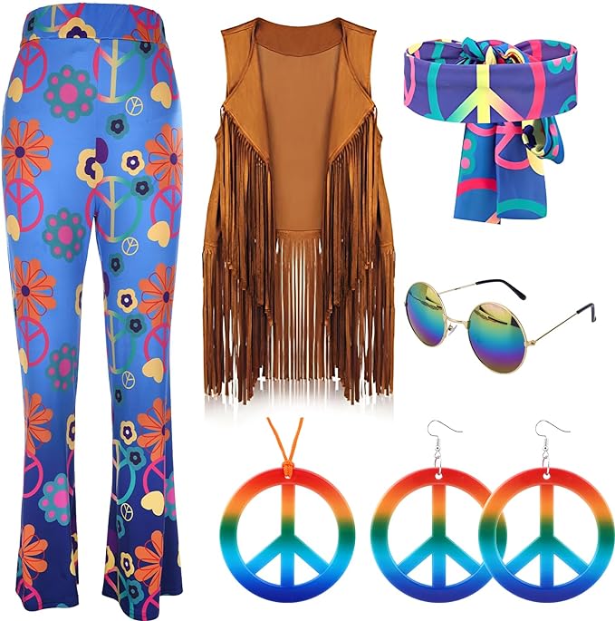 Photo 1 of cosmisun 70s Hippie Disco Outfit Costume for Women Fringe Vest High Waist Pants Scarf Peace Sign Earring Necklace Glasses