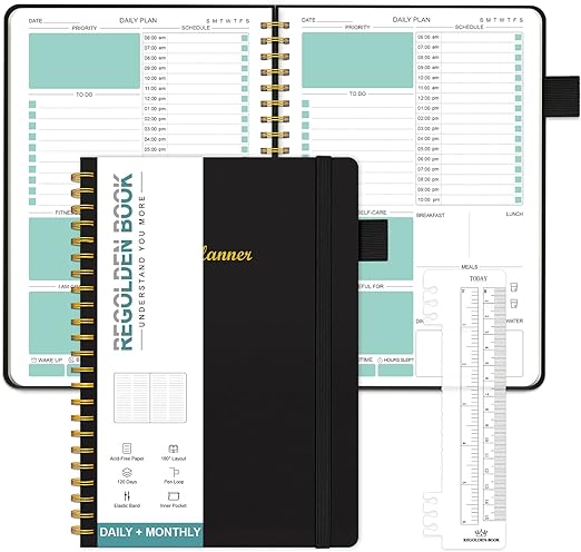 Photo 1 of Regolden-Book Undated Daily Planner 4 Month 120 Days, Hardcover Faux Leather To Do List Notebook with Spiral Bound, Inner Pocket, Ruler,Pen loop, Daily & Monthly Agenda Book A5 (5.5" x 8.5")