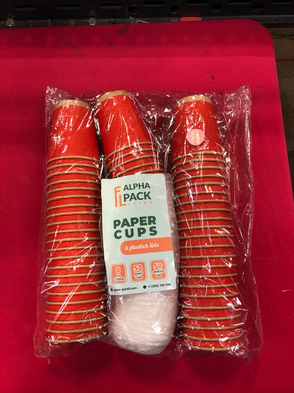 Photo 2 of [50 Sets - 8 oz] Disposable Red Kraft Ripple Paper Hot Coffee Cups With Lids 8oz