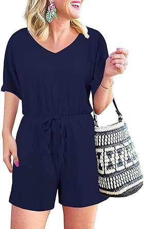 Photo 1 of Ladiyo Womens Dressy Summer Short Sleeve Romper Casual V Neck One Piece Short Pants Pajamas Loungewear Playsuit. Medium
