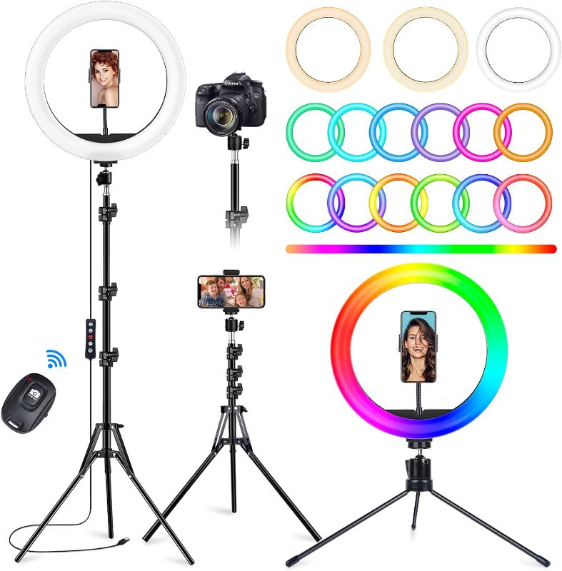 Photo 1 of STALLY 10.2" Ring Light with Stand, 75" Tall Ring Light with Phone Holder and Wireless Remote, 12 Dimming Levels, 32 Color Modes LED Ring Light Tripod for iPhone, Live Stream, Makeup, YouTube, TikTok
