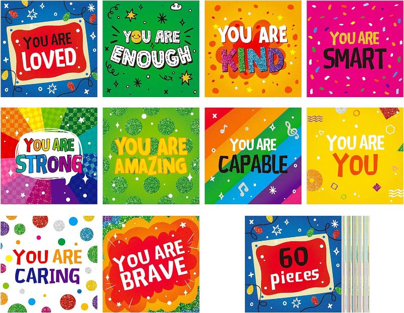 Photo 1 of 2 PACKS - 60PCS Bulletin Board Decor, 10 Designs Inspirational Wall Decorative Sign Positive Word Cards Colorful Motivation Accents Set for Middle High School Classroom Home Teachers Students (5.5” Each)
