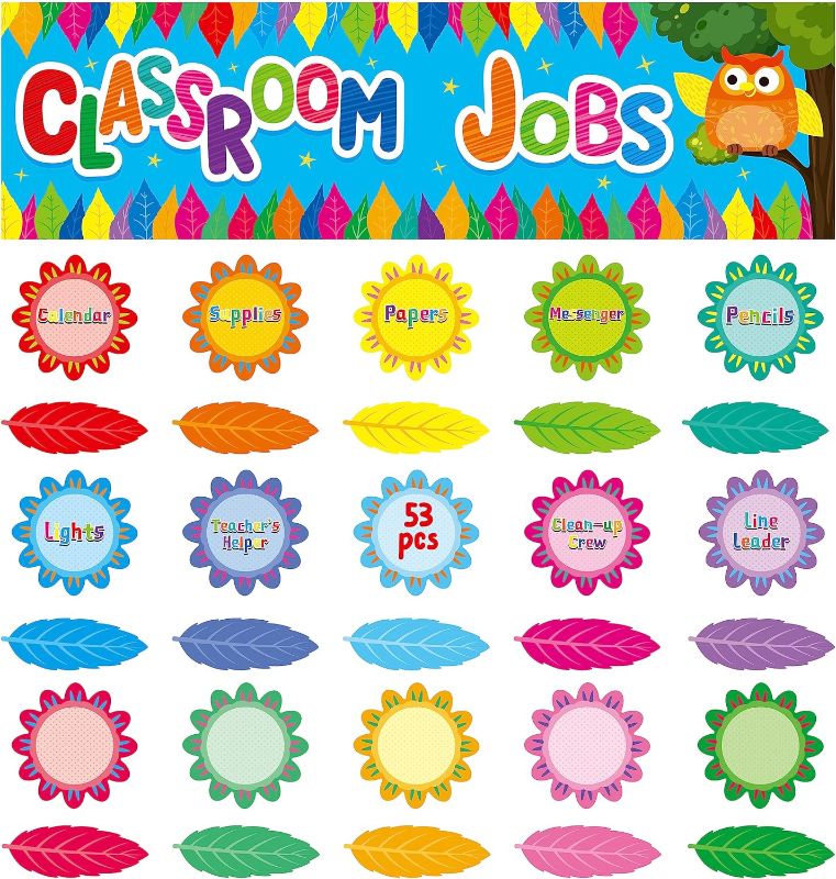 Photo 1 of 2 PACKS -  53 Pieces Classroom Jobs, 36 Name Card Classroom Job Chart with Name Tag Class Management Teacher’s Helper Colorful Bulletin Board Decor for First Day of School, Back to School Supplies (Flower&Leaf)
